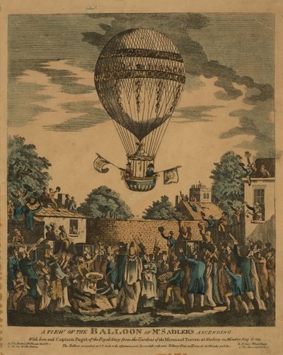 Een uitzicht op de ballon van Mr. Sadler die opstijgt met hem en Kapitein Paget van de Koninklijke Marine vanuit de tuinen van de Mermaid Tavern in Hackney op maandag 12 augustus 1811 door English School